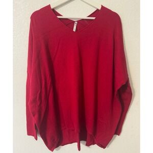 Leo & Nicole Womens V Neck Long Sleeve Sweater Asymmetrical Hem Red  XL